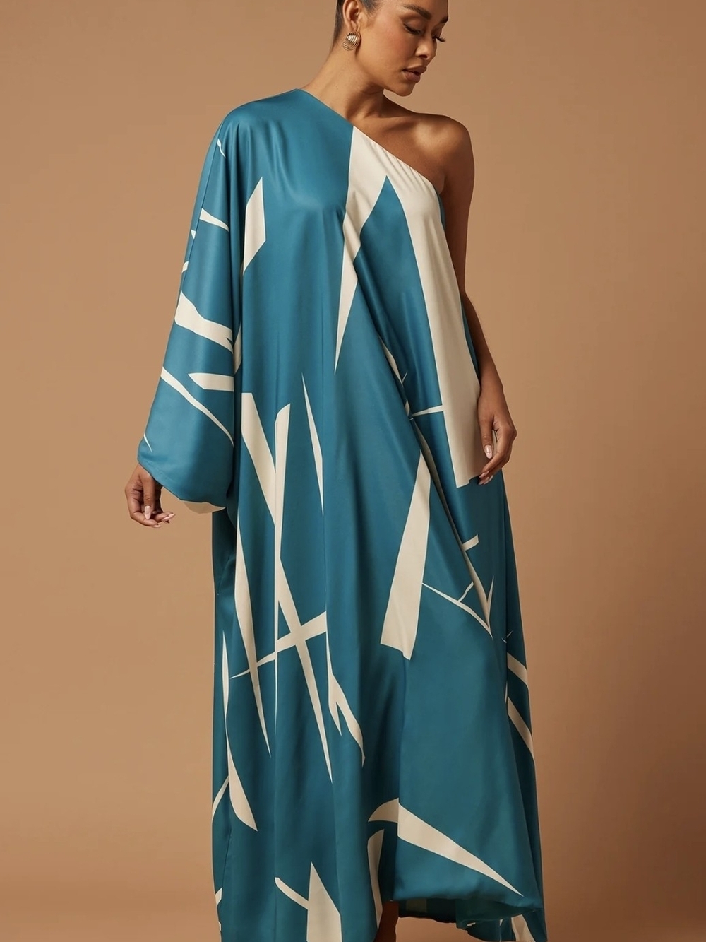 One-Shoulder Teal and Cream Maxi Dress